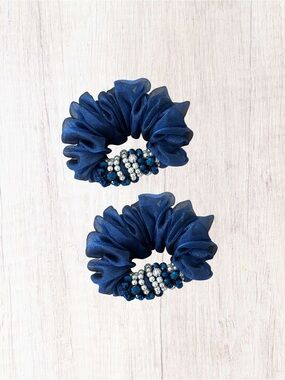 Elegant Blue and Red Scrunchie Set with Bead Accents